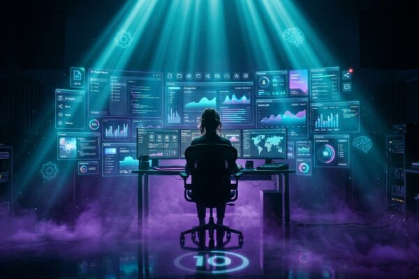 A professional freelancer's desk featuring AI productivity software on a laptop screen.