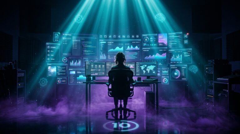 A professional freelancer's desk featuring AI productivity software on a laptop screen.