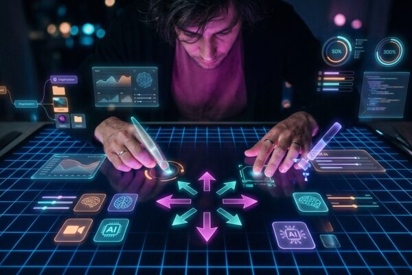 A futuristic digital workspace in 2026 showing a split screen of a photorealistic AI-generated landscape and a professional video editing timeline.