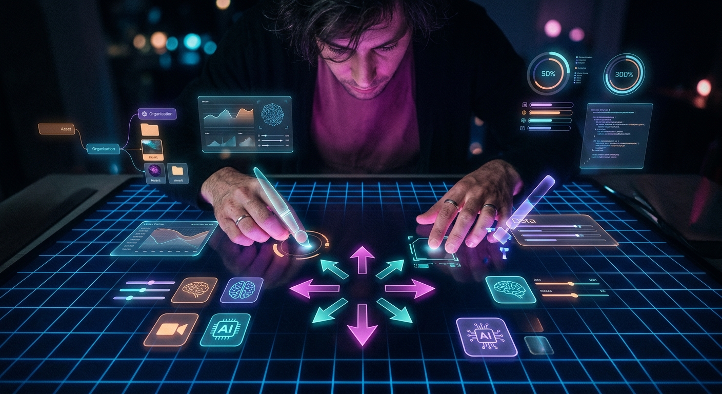 A futuristic digital workspace in 2026 showing a split screen of a photorealistic AI-generated landscape and a professional video editing timeline.