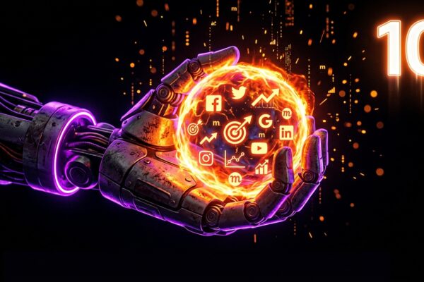 Close-up of a high-tech digital dashboard showing AI-driven marketing analytics, holographic content icons, and a "2026 Strategy" overlay.